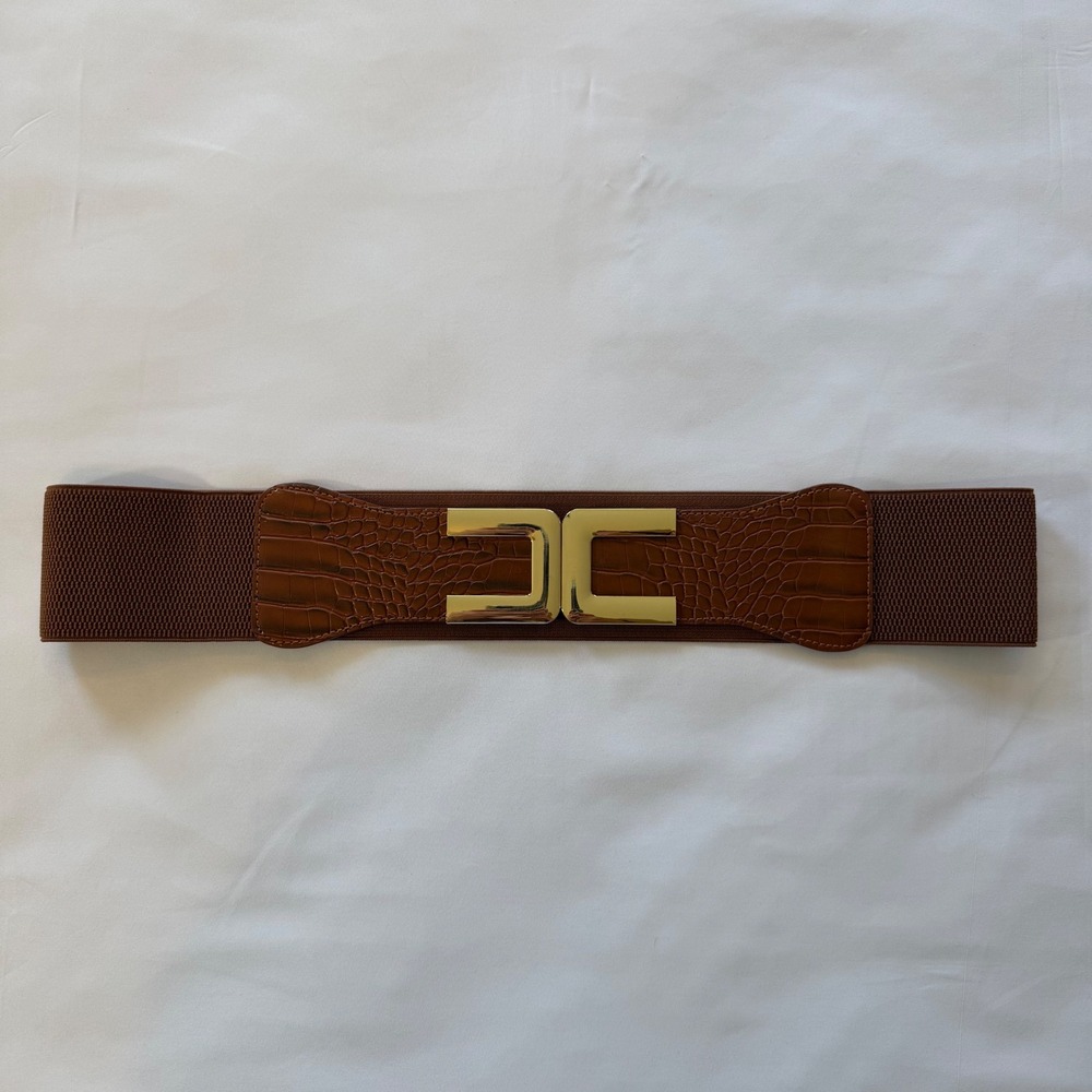Brown Elastic Cinch Belt‎ Gold Interlocking Buckle Faux Croc Wide 1X
